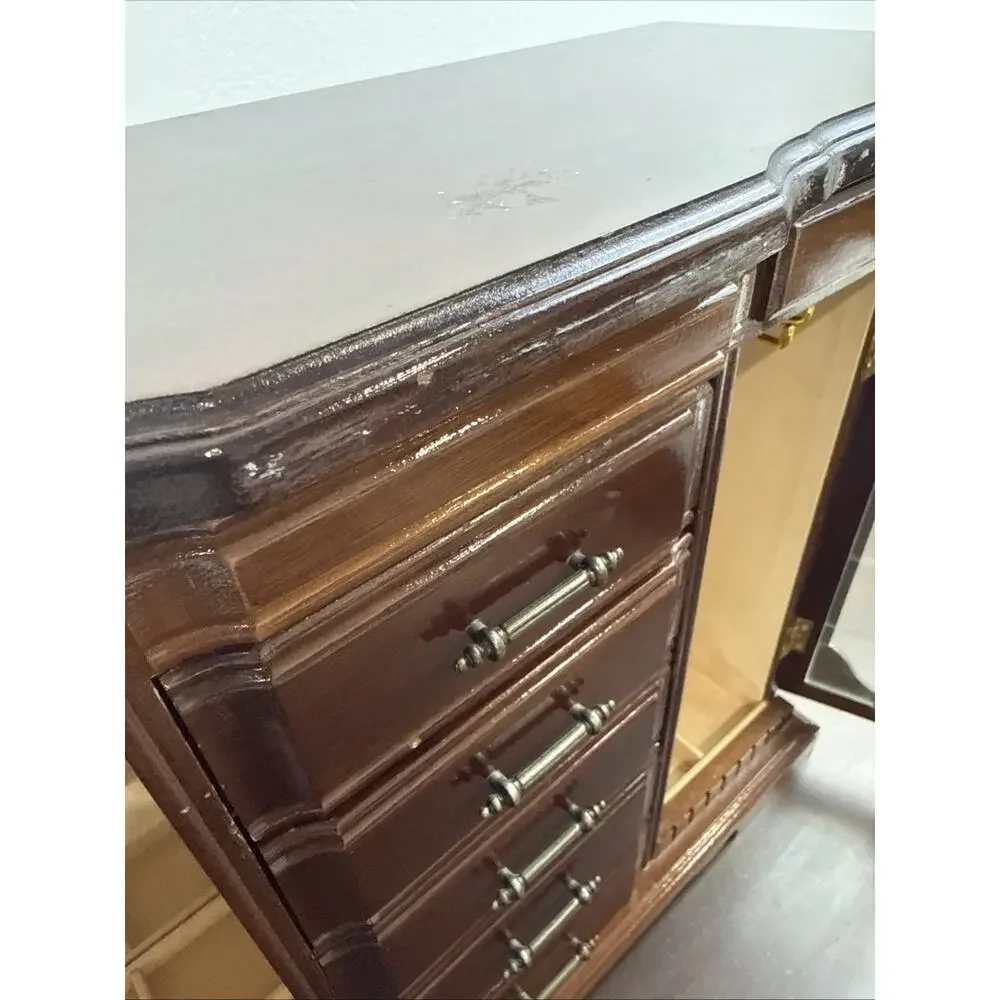 Vintage Dark Wooden Jewelry Box Armoire 2 Doors With Mirrors & 5 Drawers